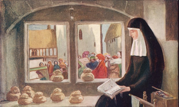 A DEPICTION OF LADY IN HER CELL, READING A BOOK. VISIBLE THROUGH THE WINDOW AT WHICH SHE SITS ARE VARIOUS CITIZENS OF NORWICH GOING ABOUT THEIR BUSINESS
